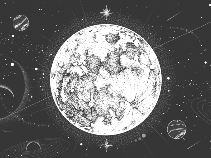 Illustration of full moon with astrology symbols