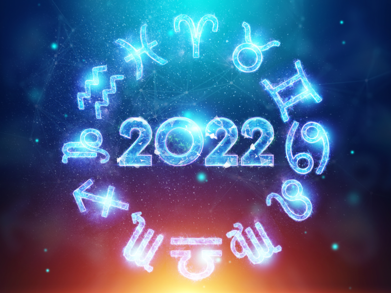 Blue hologram number 2022 on the background of the zodiac signs. Happy New Year.