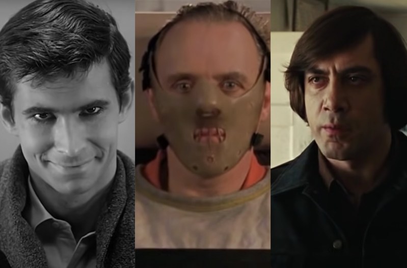 Three photos, from left to right: Screenshot of Anthony Perkins as Norman Bates, Anthony Hopkins as Hannibal Lector, Javier Barem as Anton Chigurh