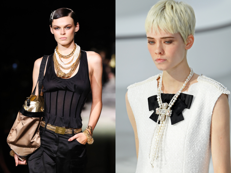 Side by side images of models showcasing statement making pearl jewelry on the Tom Ford and the Chanel runways.