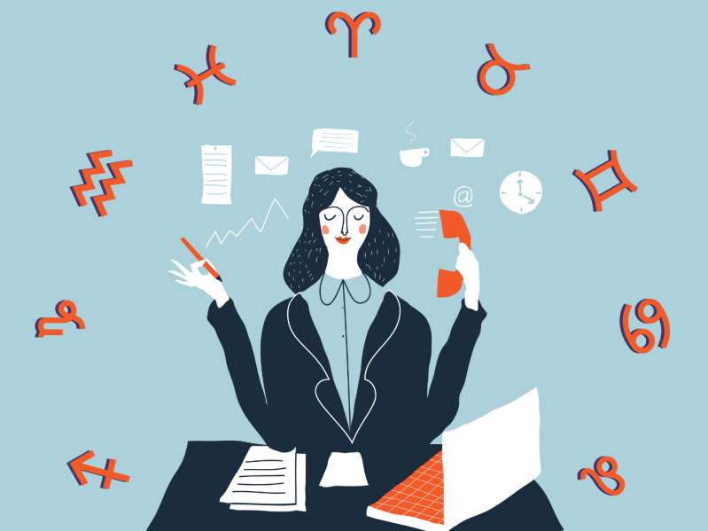 Illustration of woman working at desk with zodiac wheel around her