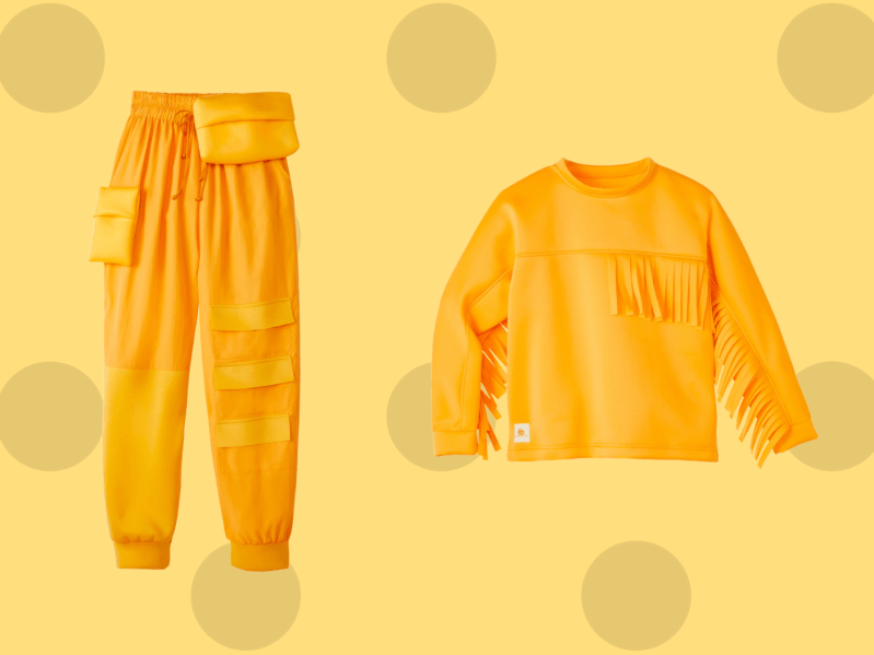 Tillamook cheese pants and crewcut sweatshirt on a yellow pokadot background