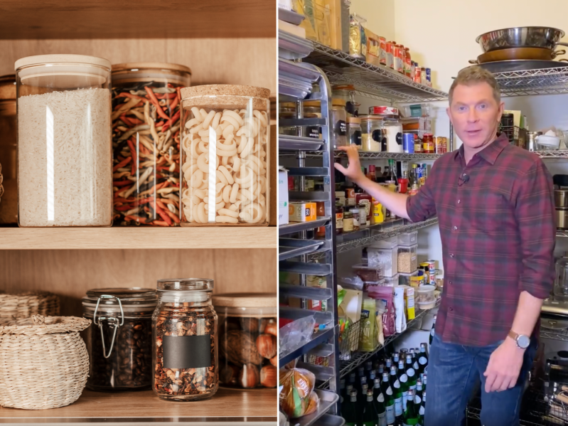 Screengrabs of Bobby Flay standing inside his pantry and an image of ingredients sitting in a cupboard