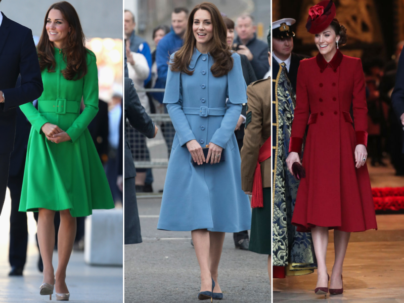 Three side by side screengrabs of kate middleton wearing various coat dresses