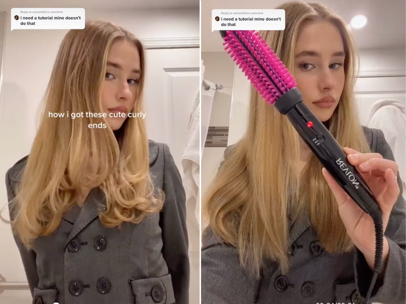 Screengrabs of Olivia Hurst using a Revlon Heated Styling Brush to curl her hair