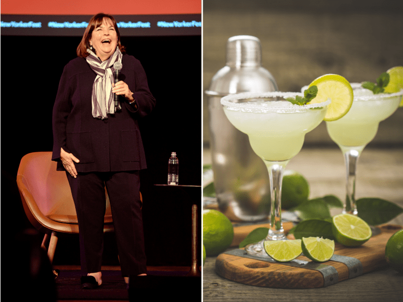 Screengrabs of a margarita mixed drinks and Ina Garten standing on stage