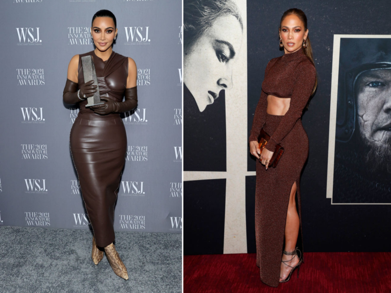 Kim Kardashian and Jennifer Lopez wearing chocolate brown dresses