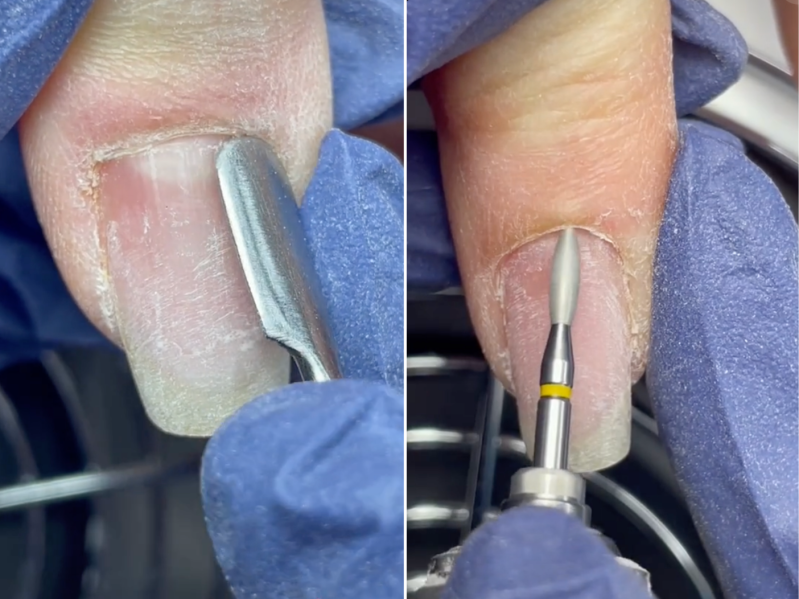 Two screengrabs of a video of a nail technician using a Russian Manicure technique