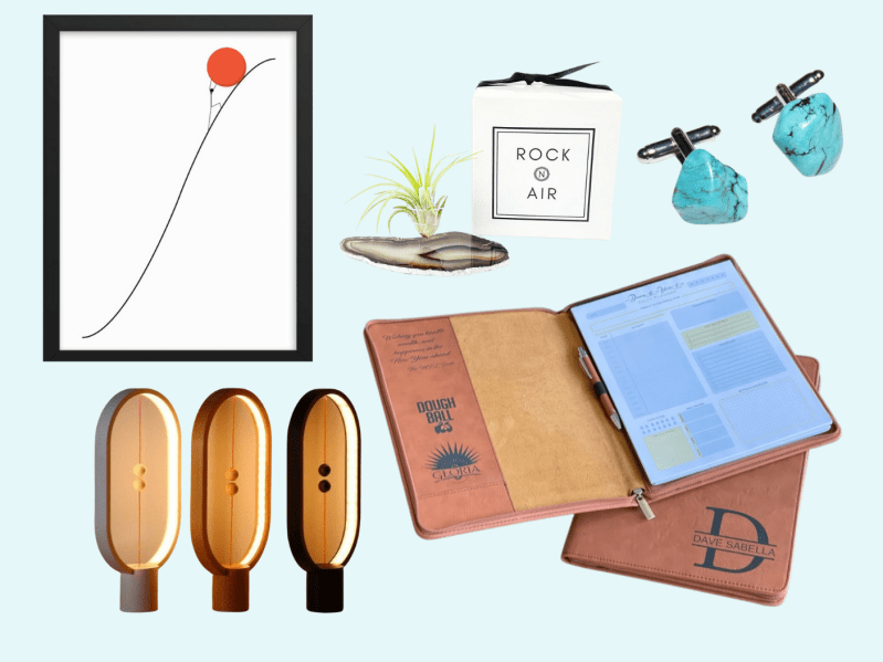From left to right clockwise: Sisyphus print, agate air planter, cufflinks, journal, balance light