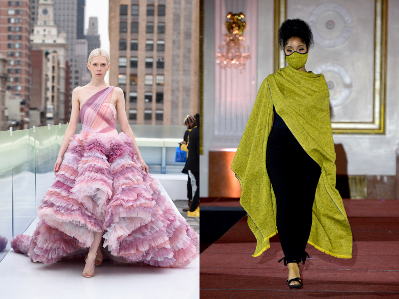 Left: model wears pink gown on runway; Right: model wears green cape and mask on runway