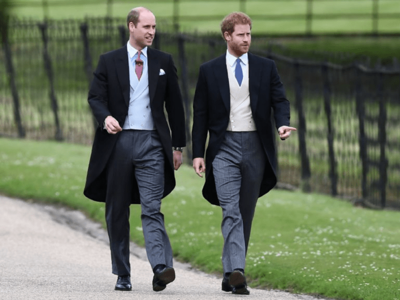 Prince William and Prince Harry walking down path and talking