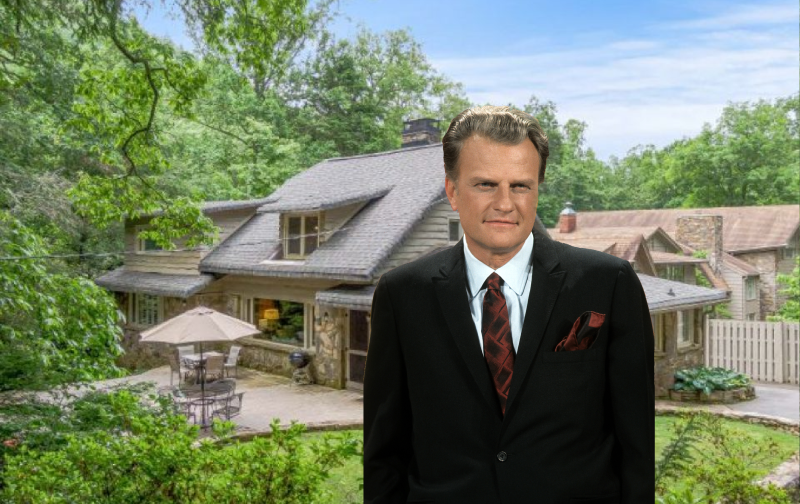 A photo of Billy Graham superimposed over a photo of his family home