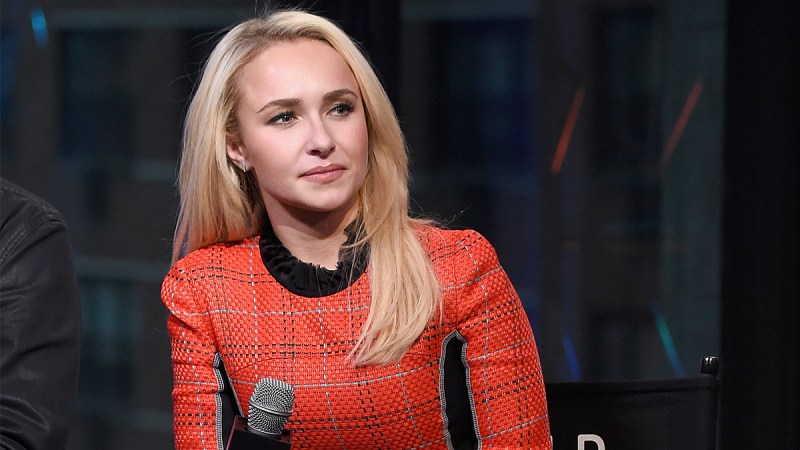 Hayden Panettiere looking serious wearing an orange sweater and holding a microphone