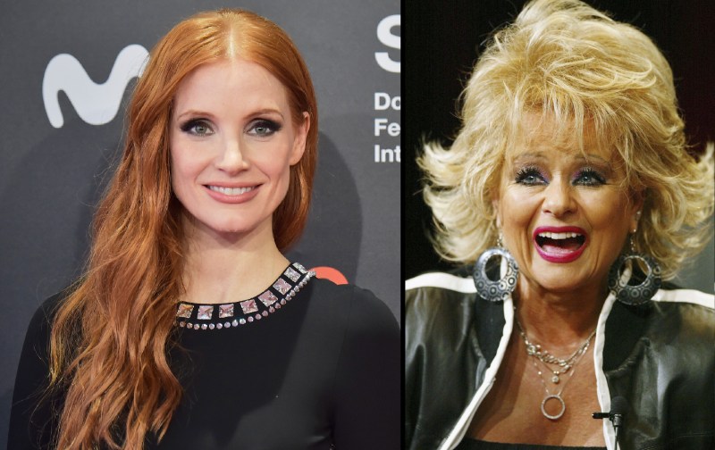 Two photos show Jessica Chastain, left, wearing a black dress and Tammy Faye Messner, right, wearing a dark jacket