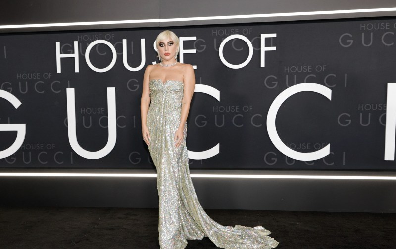 Lady Gaga wears a strapless, glittering gown at the premiere of House Of Gucci