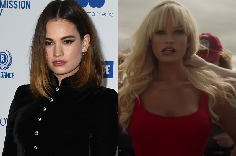 Side by side photos, Lily James at a red carpet event, next to Lily James as Pam Anderson in Pam & Tommy)