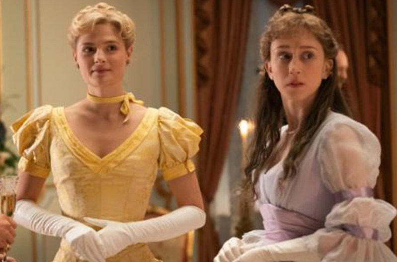 Screenshot from The Gilded Age Taissa Farmiga on the left, Louisa Jacobson on the right