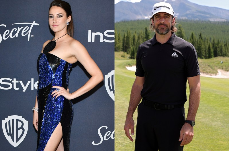 side by side photos Shailene Woodley on the left in a dress, Aaron Rodgers in gold attire on the right