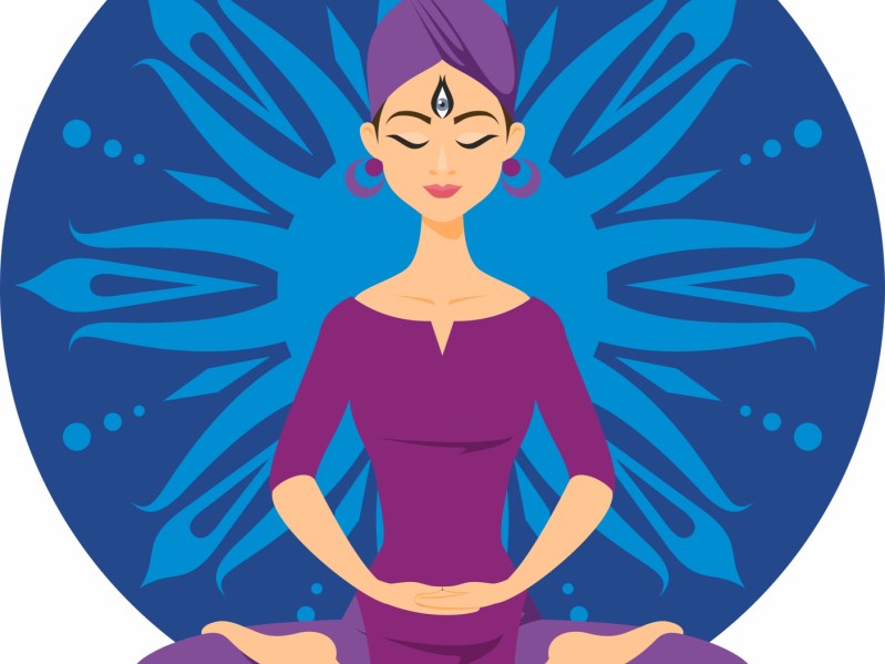 Kundalini yoga girl in violet turban with indigo aura and mandala. She is in deep meditation with concentration on Adjna.