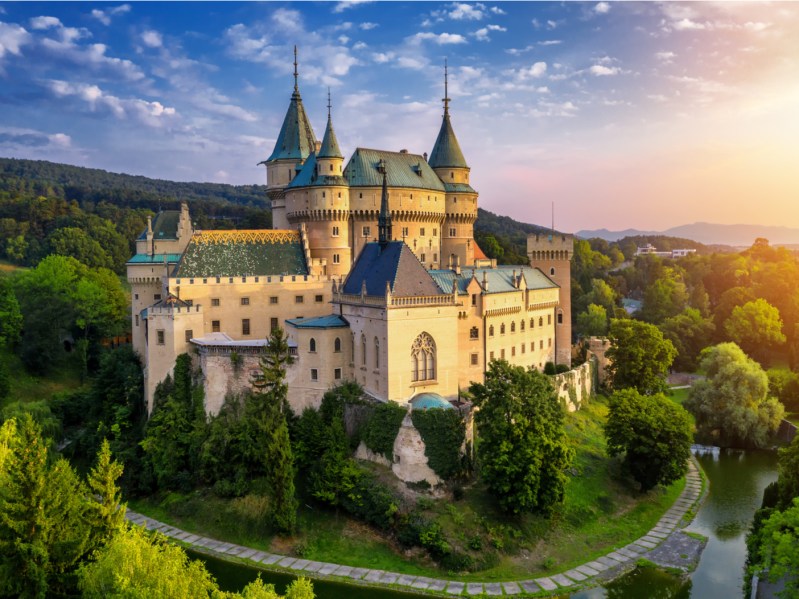 Aerial view of Bojnice medieval castle, UNESCO heritage in Slovakia.