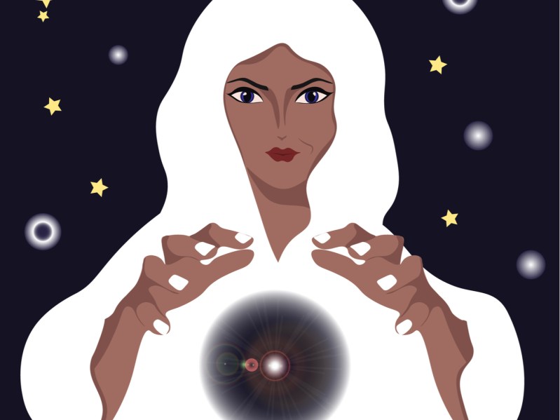 Vector stock illustration art of afro american woman wearing white clothes with white nails and aura magic ball. Astrology predicting future.