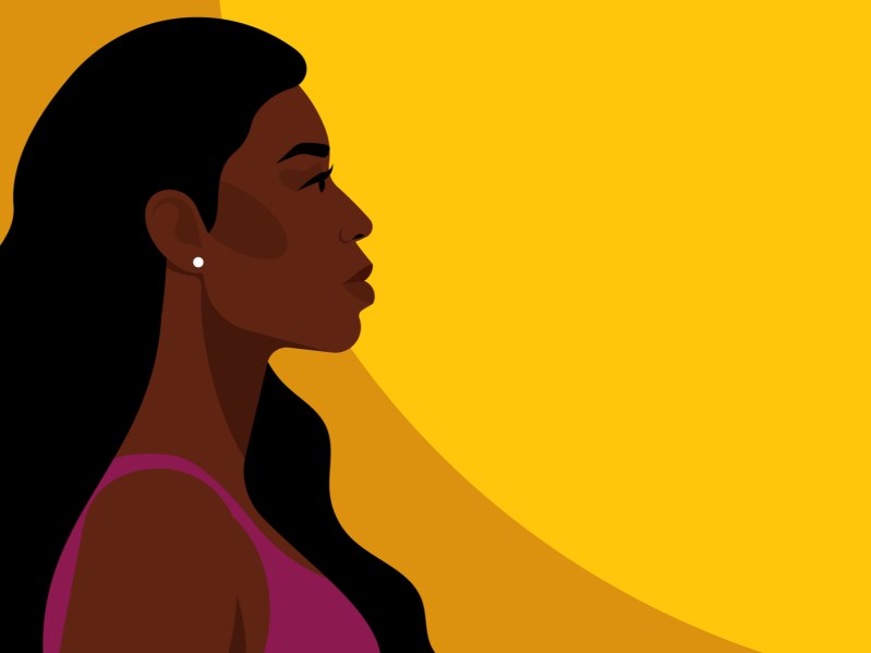 Beautiful black woman with long hair. Young african american. Portrait of young woman with beautiful face. Side view. Yellow background. Modern vector illustration