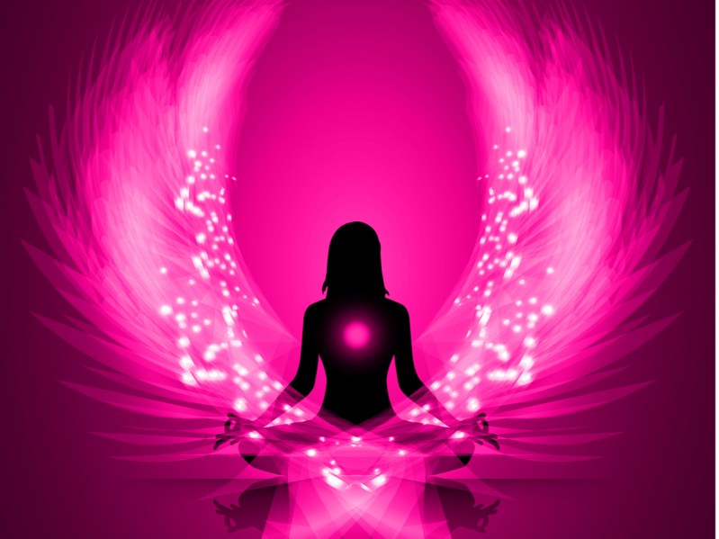 woman meditate pink abstract radius background, yoga. angel wings
