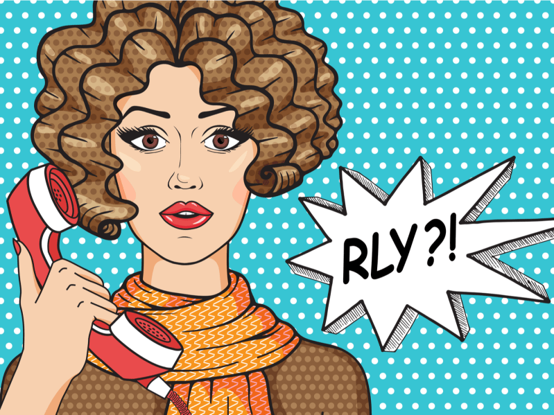Vintage surprised woman with speech bubble and message RLY? Vector curly hair brunette girl with old telephone pop art comic style illustration.