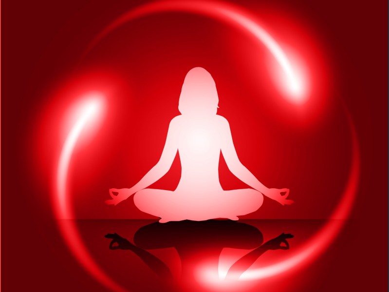 woman meditate dark red circle abstract background, yoga.