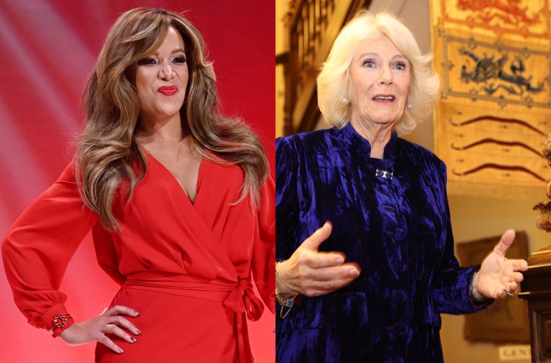 Side by side photos, Sunny Hostin in all red looking annoyed on the left, Camilla Parker Bowles looking surprised on the right