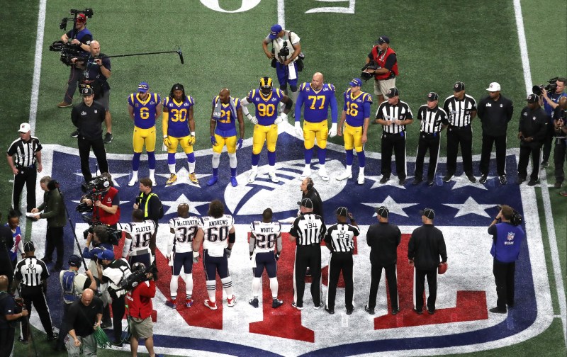 Two football teams line up on the football field for a football reason