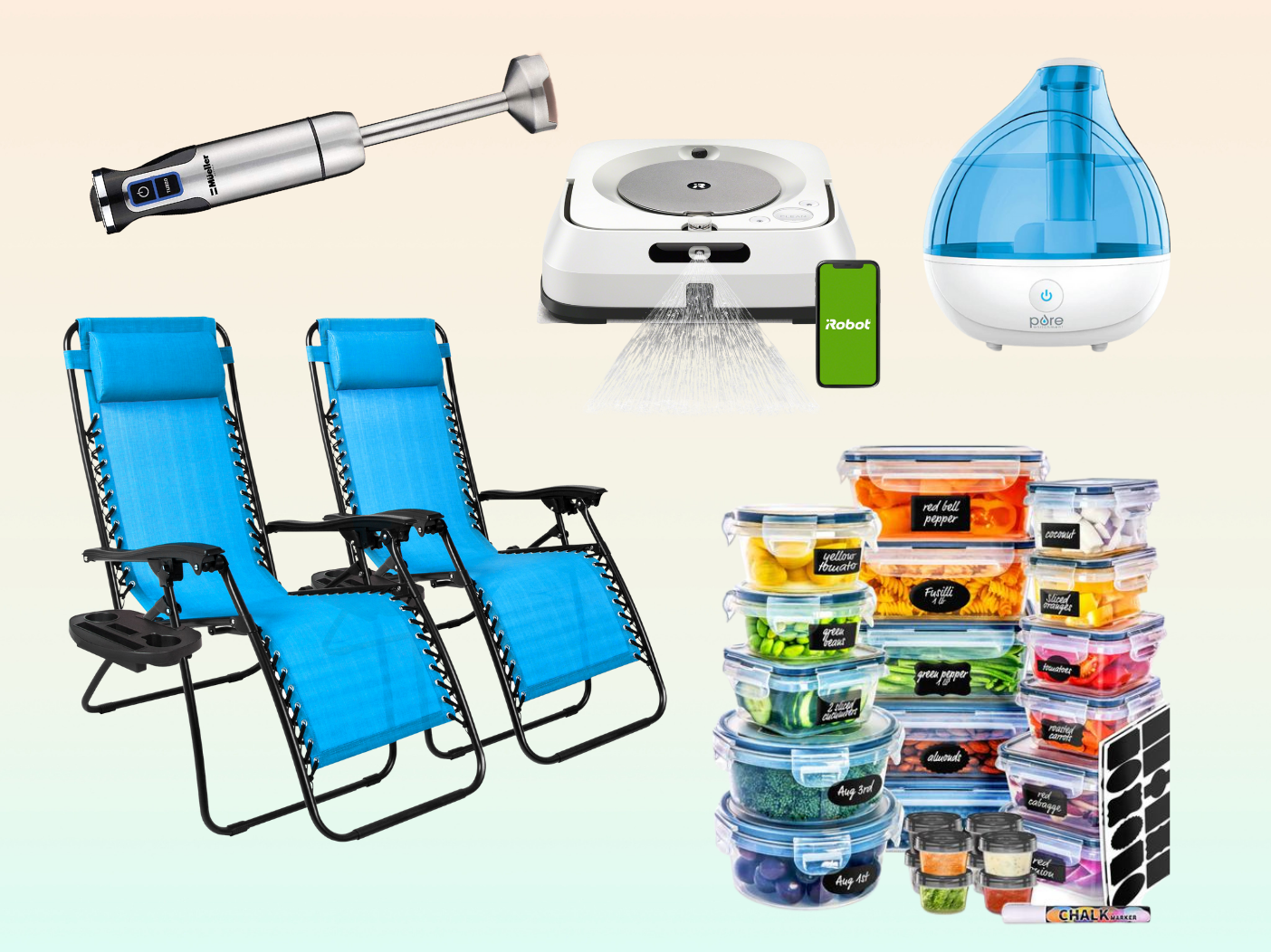 Collage of various home goods, left to right clockwise: immersion blender, robotic floor cleaner, humidifier, glass food containers, lounging chairs