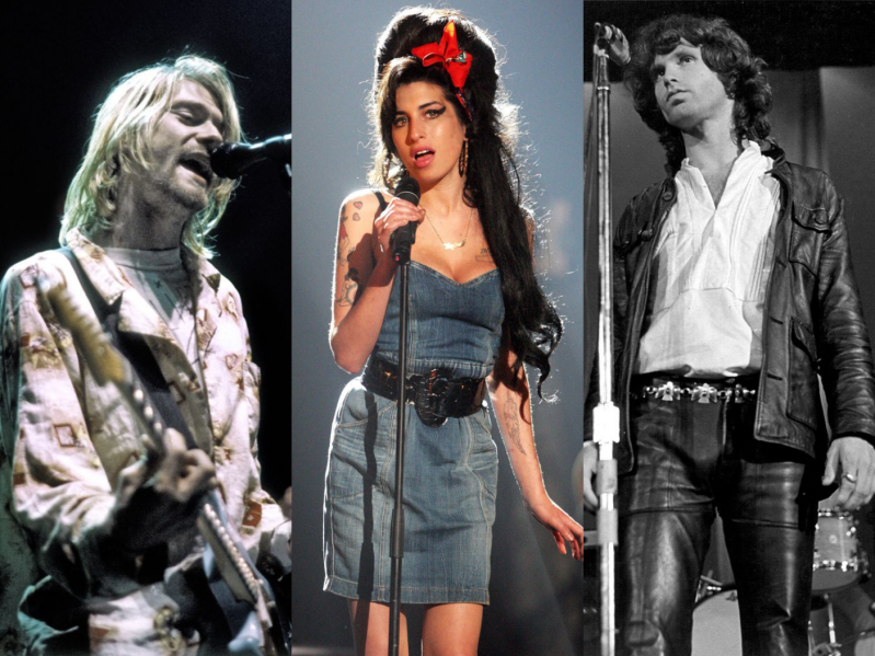 Kurt Cobain, Amy Winehouse, and Jim Morrison performing