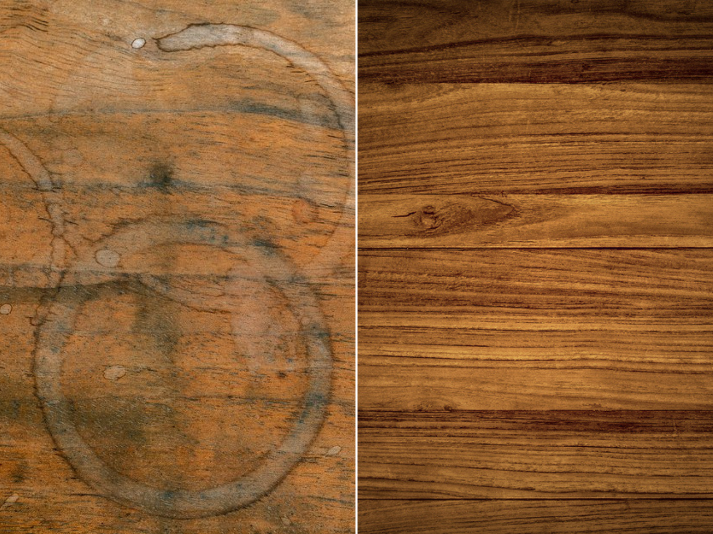 Side by side images of a damaged wood table and repaired wood table.