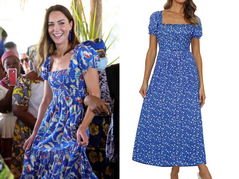 Kate Middleton in floral dress on left, Amazon floral dress dupe on right
