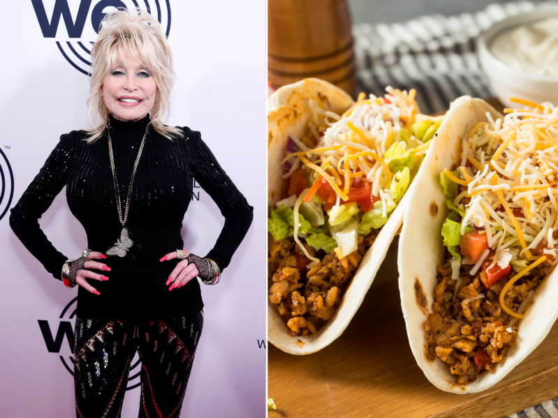 side by side screengrabs of dolly parton and tacos from Taco Bell