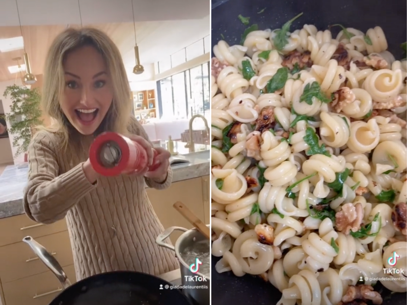 Side by side screen grabs of giada de laurentiis and a pot of cooked pasta with garnish