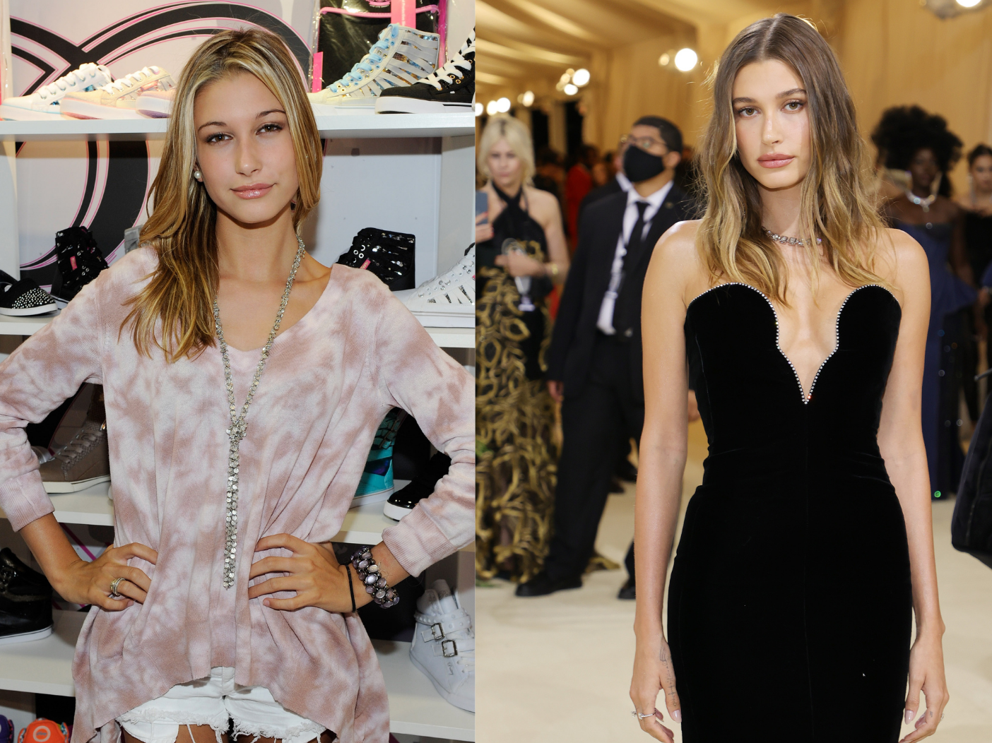 a side by side comparison of Hailey Bieber