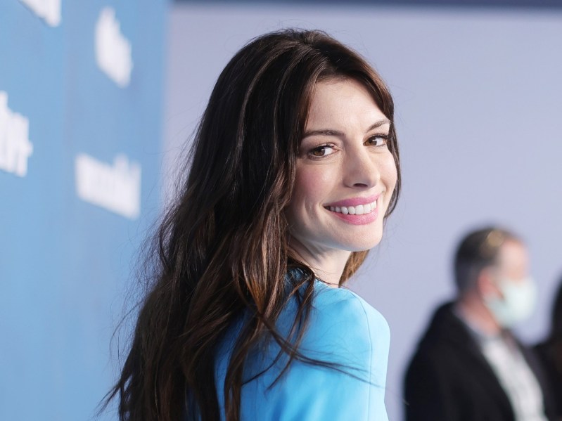 Anne Hathaway in blue dress