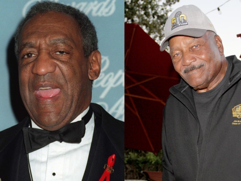 Split image - Bill Cosby on left speaking, Jim Brown on right smiling wearing baseball cap
