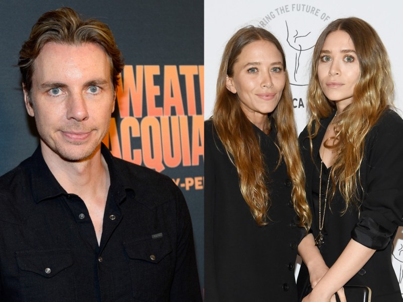 Dax Sephard on red carpet wearing black shirt, olsen twins on red carpet both wearing black