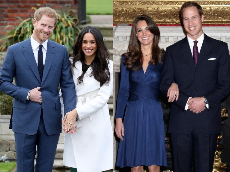 Two photos show Prince Harry and Meghan Markle, and Prince William and Kate Middleton, announcing their engagements