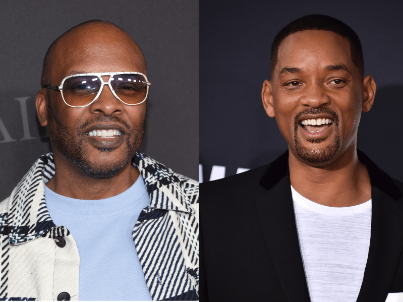 Split image- on left, DJ Jazzy Jeff smiling in sunglasses, on right, Will Smith laughing with black blazer