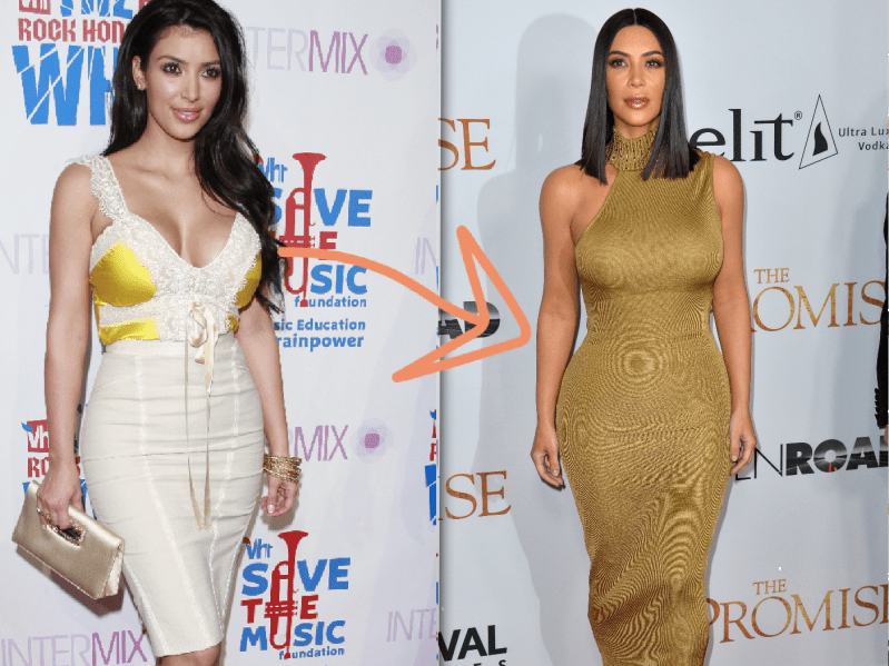 Two photos of Kim Kardashian. (Left) shows Kardashian wearing a white and yellow dress and (right) she wears a dark gold dress on the red carpet