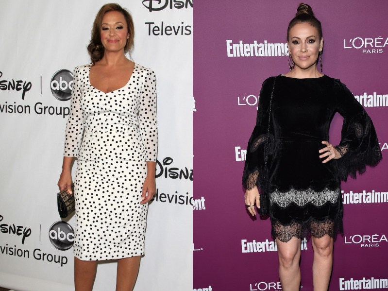 Two photos, (left) Leah Remini wears a white dress with black spots on the red carpet. (Right) Alyssa Milano wears a black dress against a purple background on the red carpet