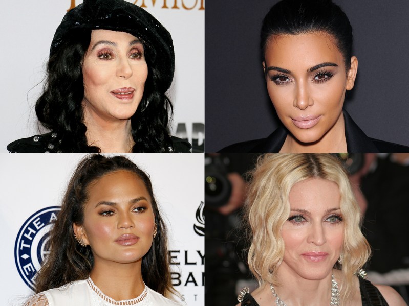 Four separate photos clockwise from top left: Cher, Kim Kardashian, Chrissy Teigen, Madonna