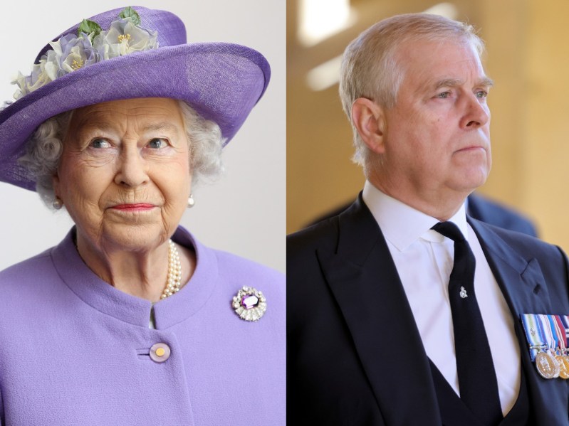 Split image of the Queen wearing purple and Prince Andrew (R) wearing a suit and tie