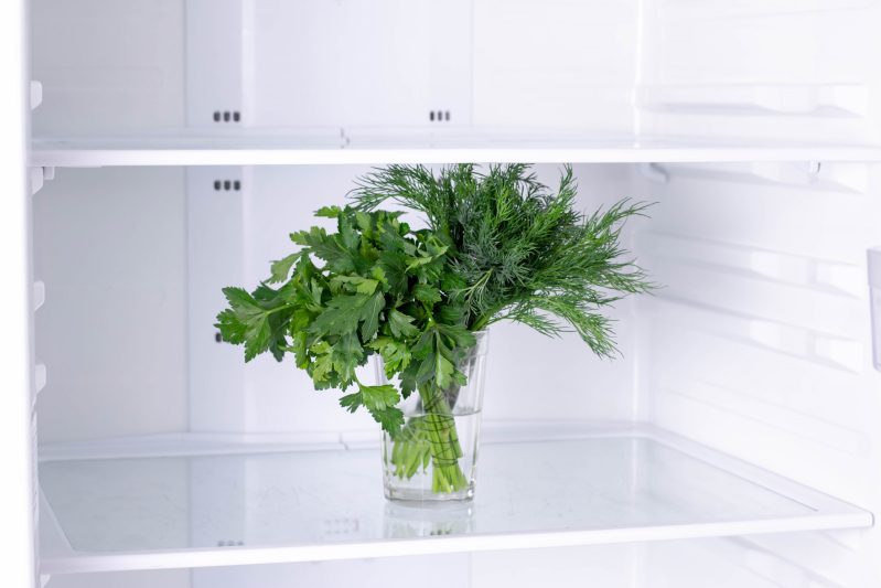 Fresh herbs in a glass of water in the fridge.