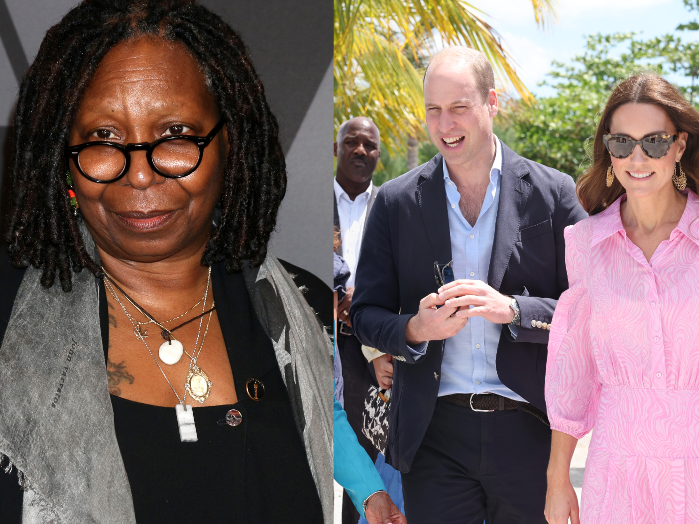 Split image of Whoopi Goldberg and Prince William/Kate Middleton