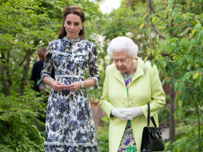 Kate Middleton and Queen Elizabeth walking in garden